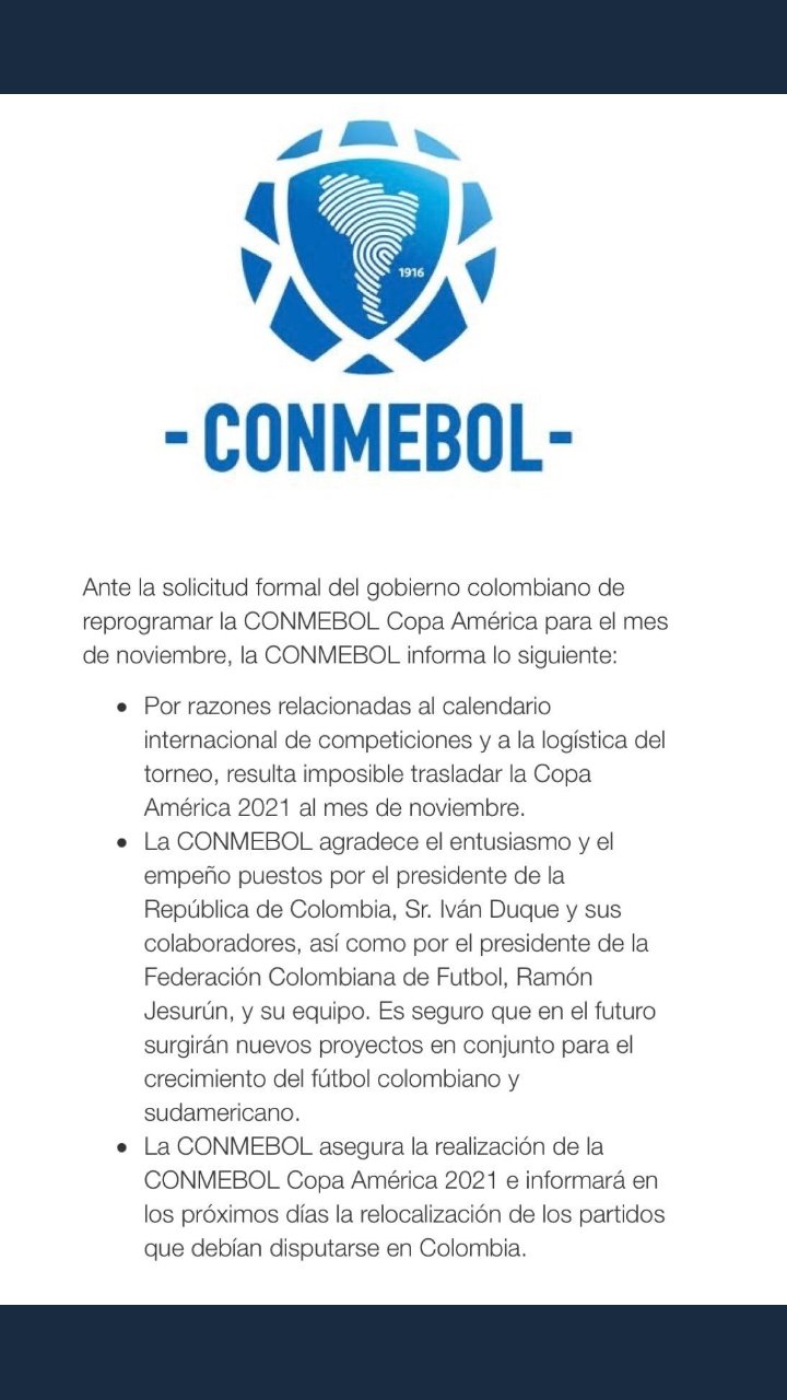 Colombia no será anfitrión de la Copa América; CONMEBOL dice que el torneo continúa
