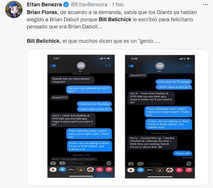 Mensajes entre Brian Flores y Bill Belichick