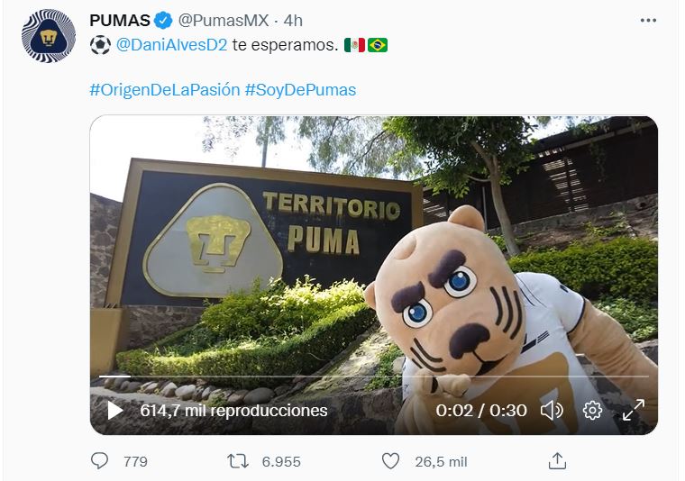 Pumas recibe a Dani Alves con un video
