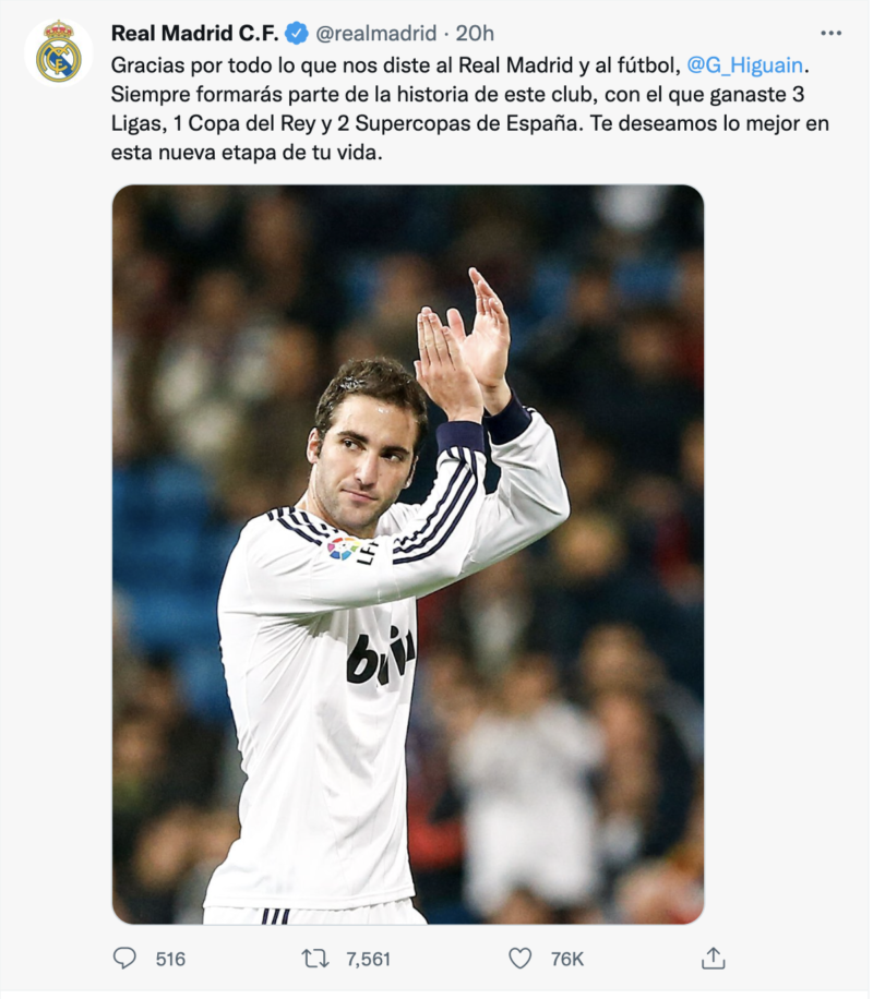 Gonzalo Higuaín se retira del fútbol y el Real Madrid se despide de él