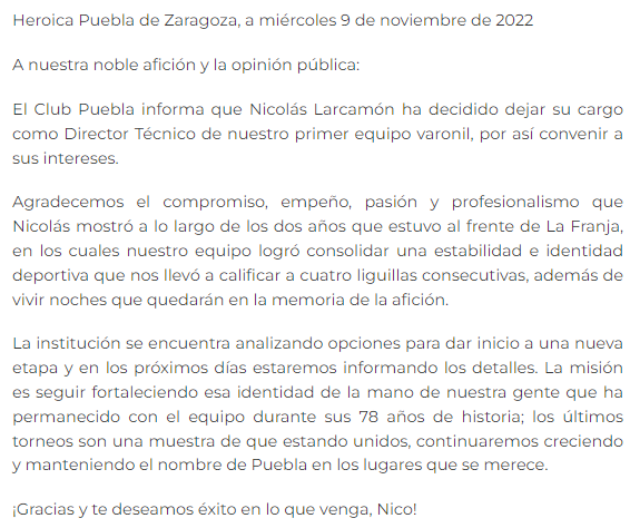 El comunicado oficial del Club Puebla respecto a la salida de Larcamón.