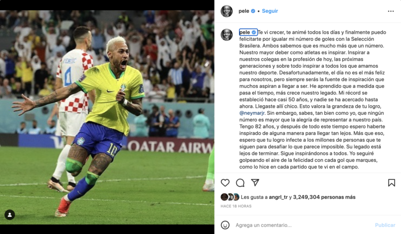Pelé en sus redes sociales mando un gran mensaje de apoyo a Neymar tras su eliminación ante Croacia 