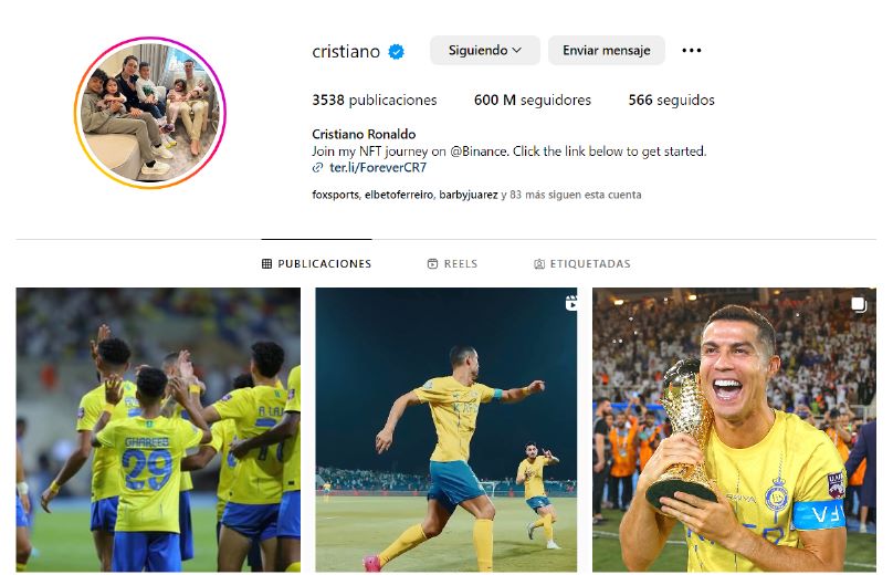Cristiano Ronaldo se acaba de convertir en el primer ser humano que consigue 600m de seguidores en Instagram. Foto: screenshot Instagram @cristiano