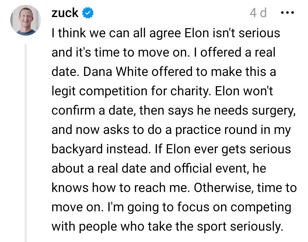 Mark Zuckerberg asegura que Elon Musk no hablaba en serio. Foto: screenshot Threads @Zuck