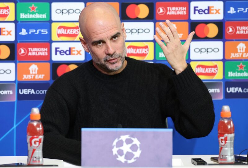Pep Guardiola, técnico del Manchester City, durante la rueda de prensa en la previa de la vuelta de cuartos de final en el Etihad Stadium frente al Real Madrid. EFE/EPA/ADAM VAUGHAN