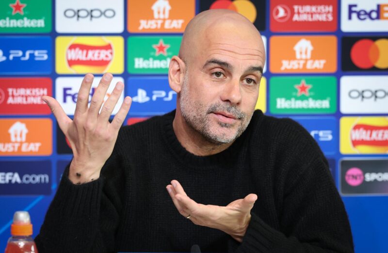 Pep Guardiola, técnico del Manchester City, durante la rueda de prensa en la previa de la vuelta de cuartos de final en el Etihad Stadium frente al Real Madrid. EFE/EPA/ADAM VAUGHAN