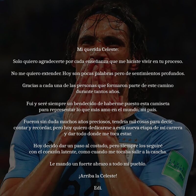 Edinson Cavani anuncia su retiro de la Selección de Uruguay