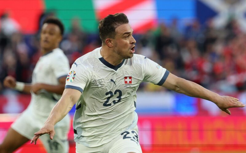 Cologne (Germany), 19/06/2024.- Xherdan Shaqiri of Switzerland celebrates scoring the equalizer during the UEFA EURO 2024 group A soccer match between Scotland and Switzerland, in Cologne, Germany, 19 June 2024. (Alemania, Suiza, Colonia) EFE/EPA/FRIEDEMANN VOGEL