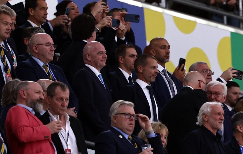 Munich (Germany), 14/06/2024.- FIFA president Gianni Infantino (CL) and UEFA president Aleksander Ceferin (CR) prior to the UEFA EURO 2024 group A match between Germany and Scotland in Munich, Germany, 14 June 2024. (Alemania) EFE/EPA/ANNA SZILAGYI