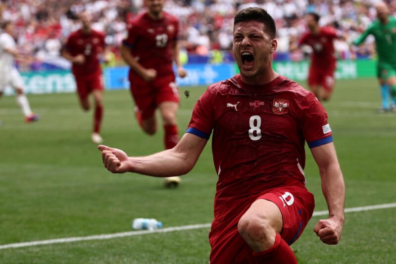 Munich (Germany), 20/06/2024.- Luka Jovic of Serbia celebrates the 1-1 goal during the UEFA EURO 2024 Group C soccer match between Slovenia and Serbia, in Munich, Germany, 20June 2024. (Alemania, Eslovenia) EFE/EPA/ANNA SZILAGYI