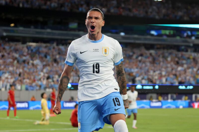 El delantero uruguayo Darwin Núñez celebra el marcador en la Copa América 2024. EFE/EPA/JUSTIN LANE
