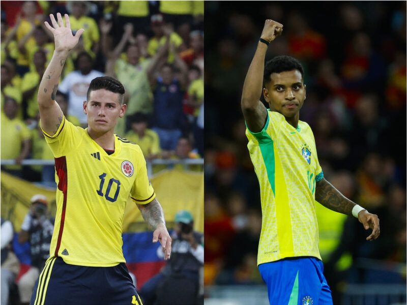 Combo de dos fotografías de archivo de los jugadores el colombiano James Rodríguez (i) y el brasileño Rodrygo.. EFE/ ARCHIVO