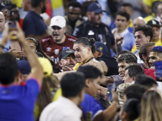 Asociación de Uruguay: "Hubo gente en estado de choque, de pánico" Darwin Núñez (C) de Uruguay se pelea con sus fans después de que Uruguay en la Copa América 2024. . EFE/EPA/BRIAN WESTERHOLT
