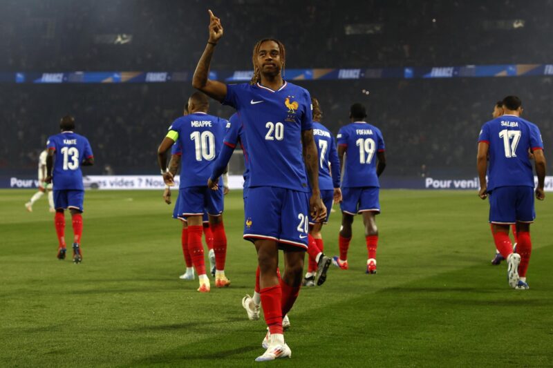 Bradley Barcola celebra el 1-0 de Francia ante Italia en la primera jornada de la Liga de Naciones. EFE/EPA/MOHAMMED BADRA